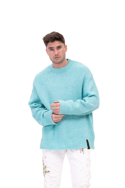 Wool Blend Cloud Crew Neck Sweater - Turquoise - Ron Tomson