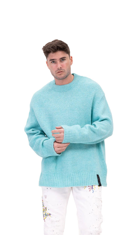 Wool Blend Cloud Crew Neck Sweater - Turquoise - Ron Tomson
