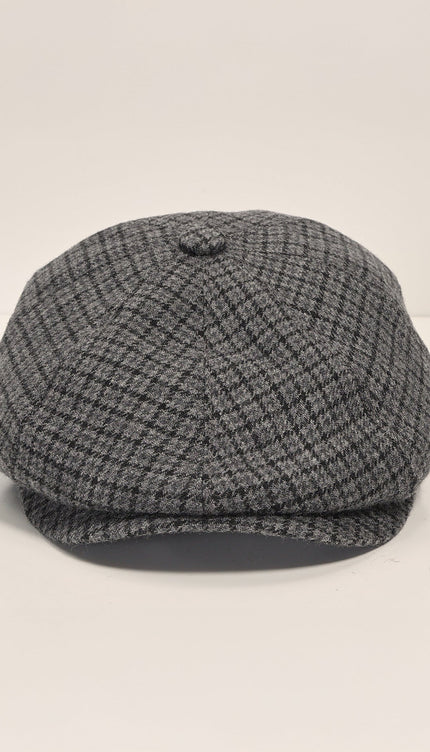 Wool Blend Micro Plaid Newsboy Cap - Grey Black - Ron Tomson