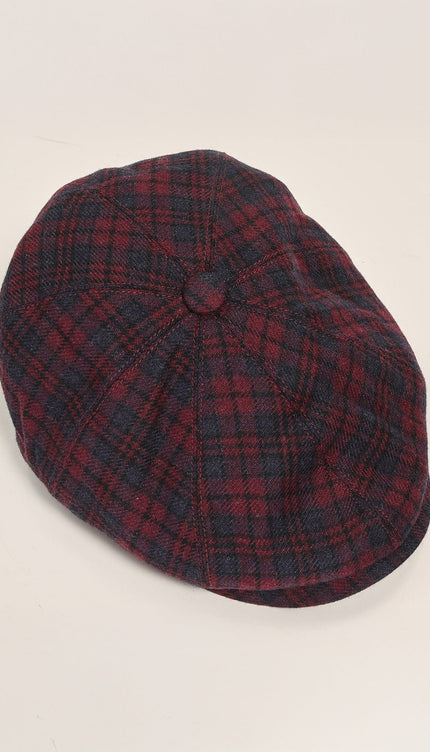 Wool Blend Plaid Newsboy Cap - Burgundy - Ron Tomson