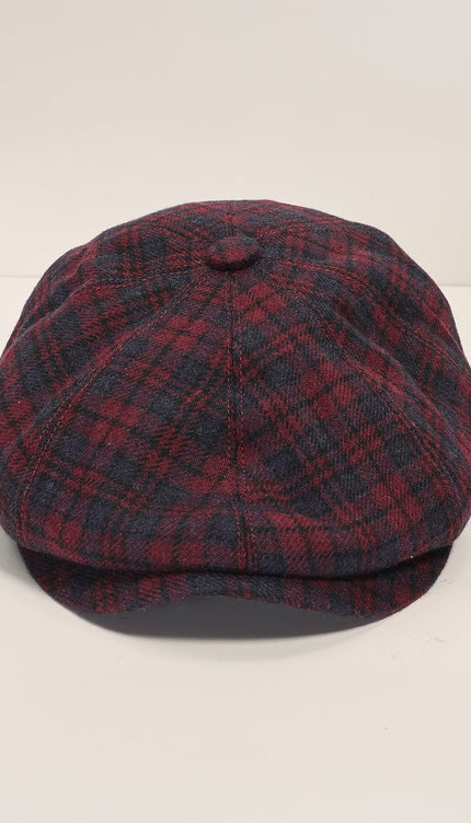 Wool Blend Plaid Newsboy Cap - Burgundy - Ron Tomson