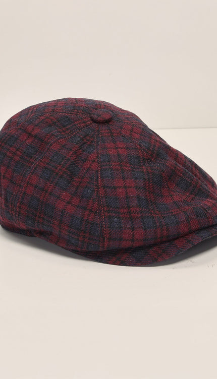 Wool Blend Plaid Newsboy Cap - Burgundy - Ron Tomson