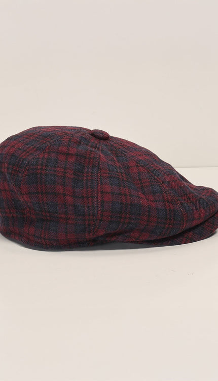 Wool Blend Plaid Newsboy Cap - Burgundy - Ron Tomson