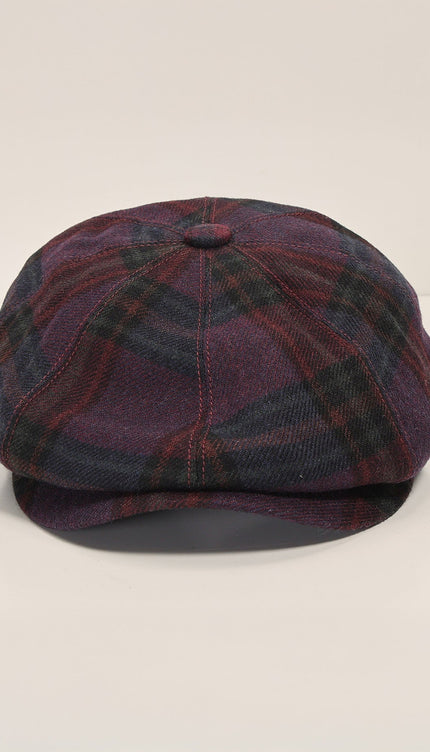 Wool Blend Plaid Newsboy Cap - Burgundy Navy - Ron Tomson