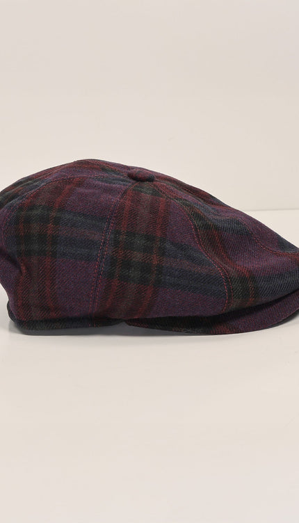 Wool Blend Plaid Newsboy Cap - Burgundy Navy - Ron Tomson