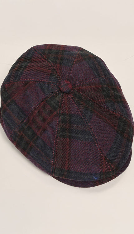 Wool Blend Plaid Newsboy Cap - Burgundy Navy - Ron Tomson