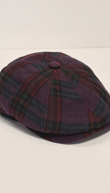 Wool Blend Plaid Newsboy Cap - Burgundy Navy - Ron Tomson