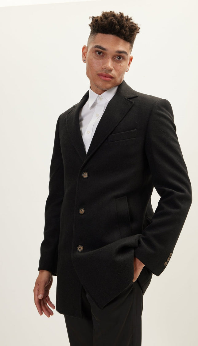 Wool Melange Mid-Length Overcoat - Black - Ron Tomson