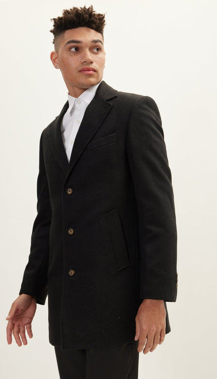 Wool Melange Mid-Length Overcoat - Black - Ron Tomson