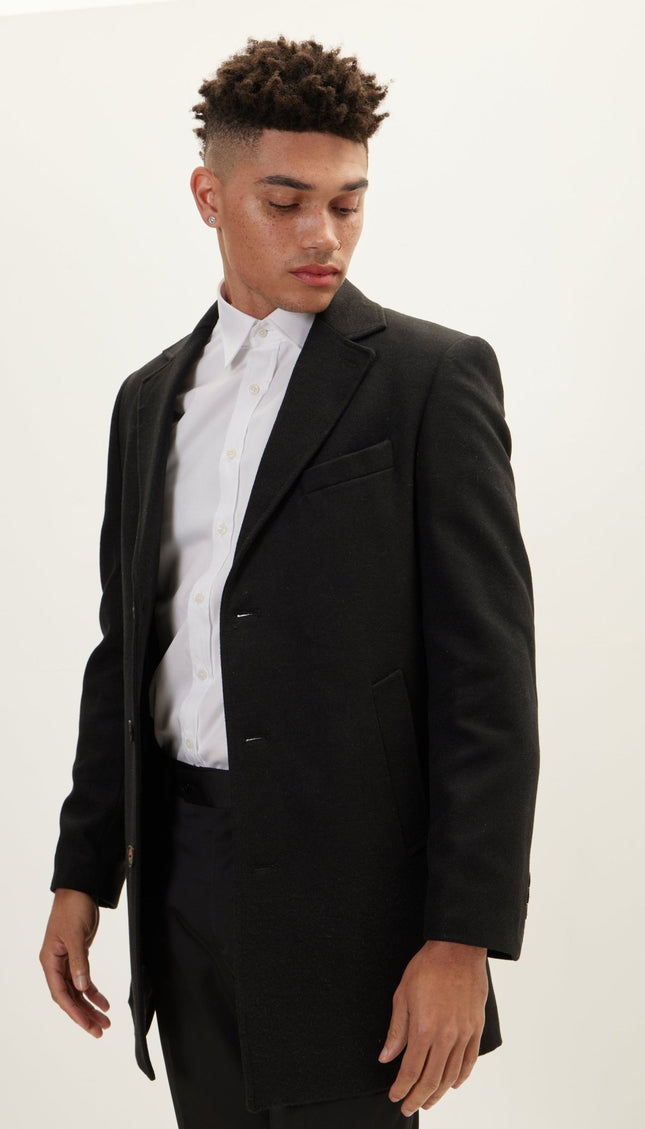 Wool Melange Mid-Length Overcoat - Black - Ron Tomson