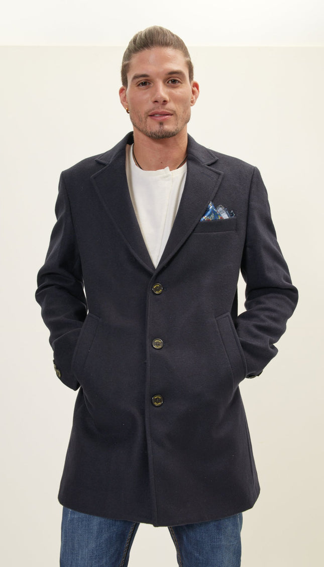 Wool Melange Mid-Length Overcoat - Navy - Ron Tomson