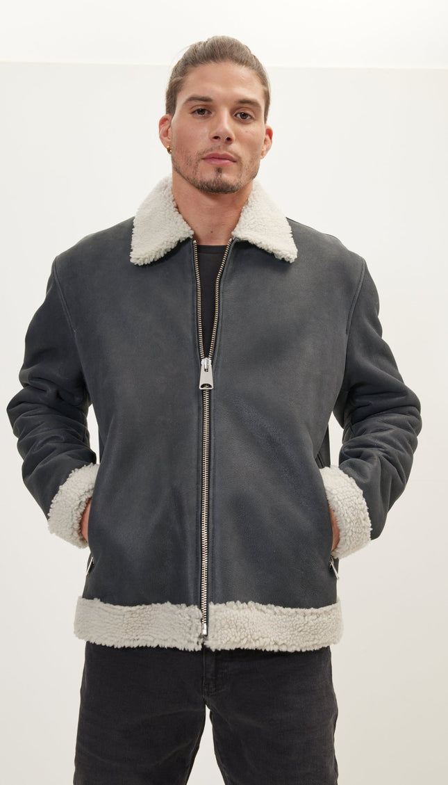 Wool Shearling Lined Leather Jacket - Black - Ron Tomson