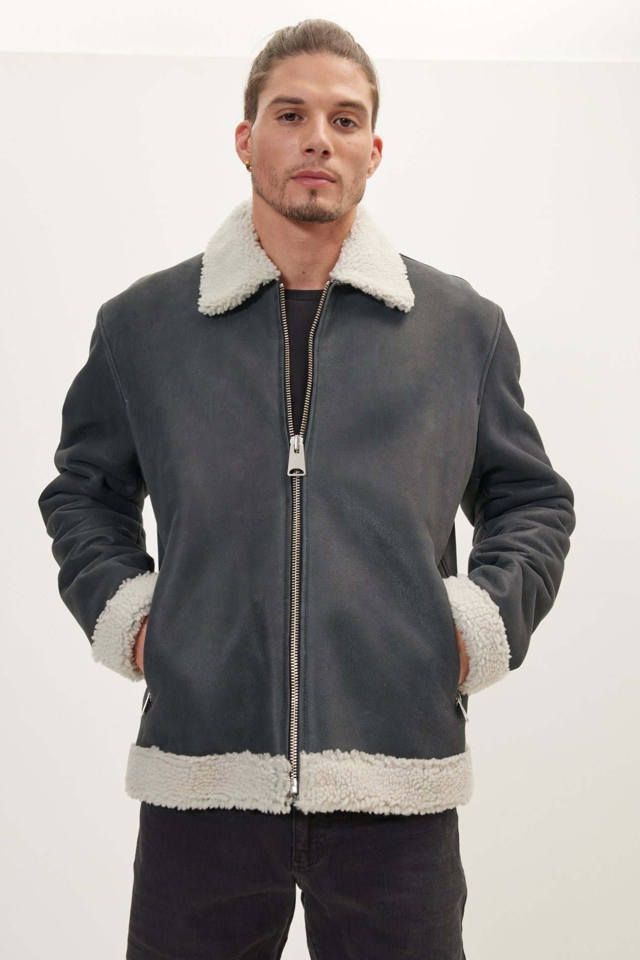 Wool Shearling Lined Leather Jacket - Black - Ron Tomson