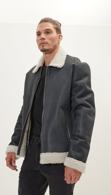 Wool Shearling Lined Leather Jacket - Black - Ron Tomson