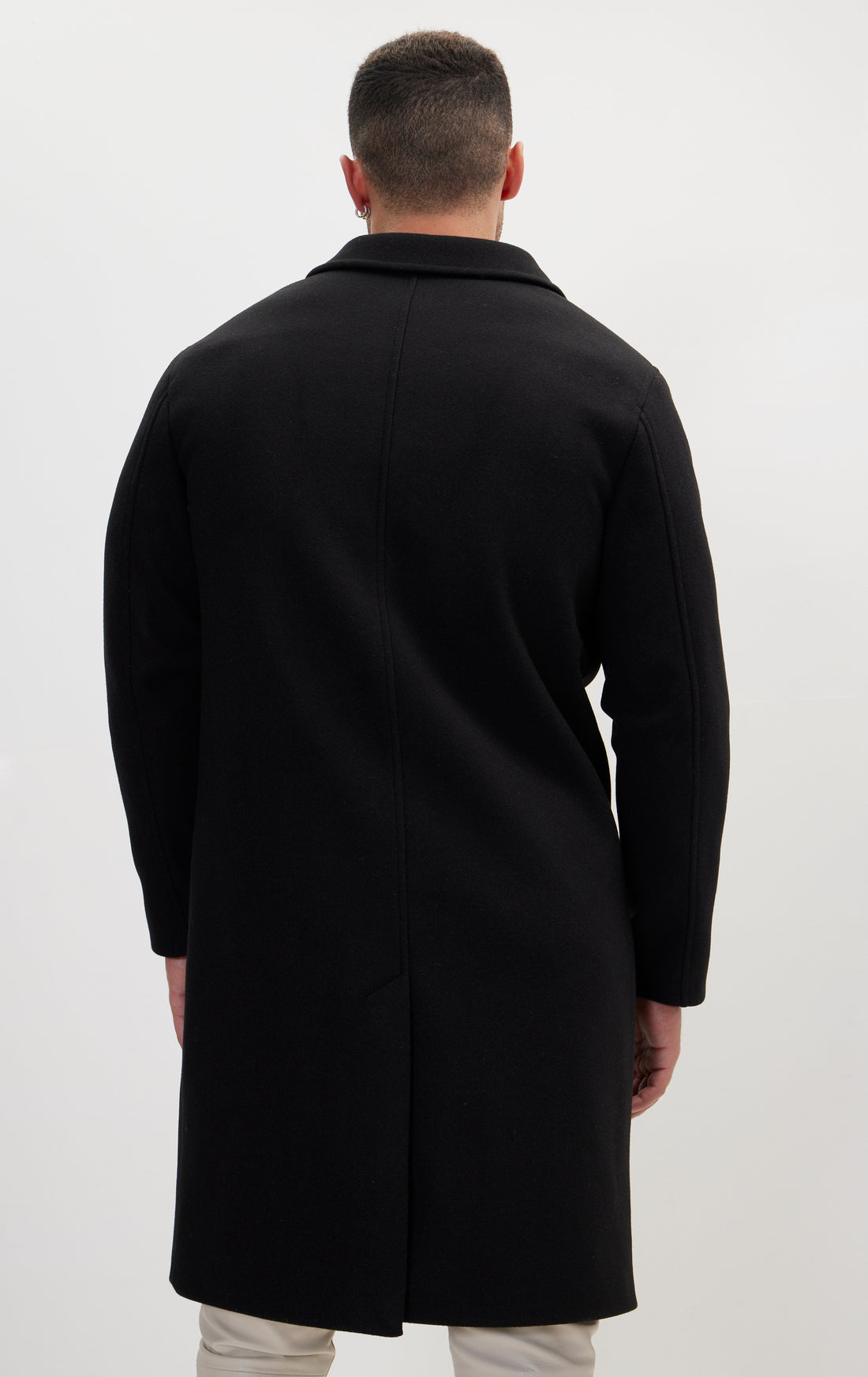 Long Fitted Pea Coat With Notch Lapel - Black