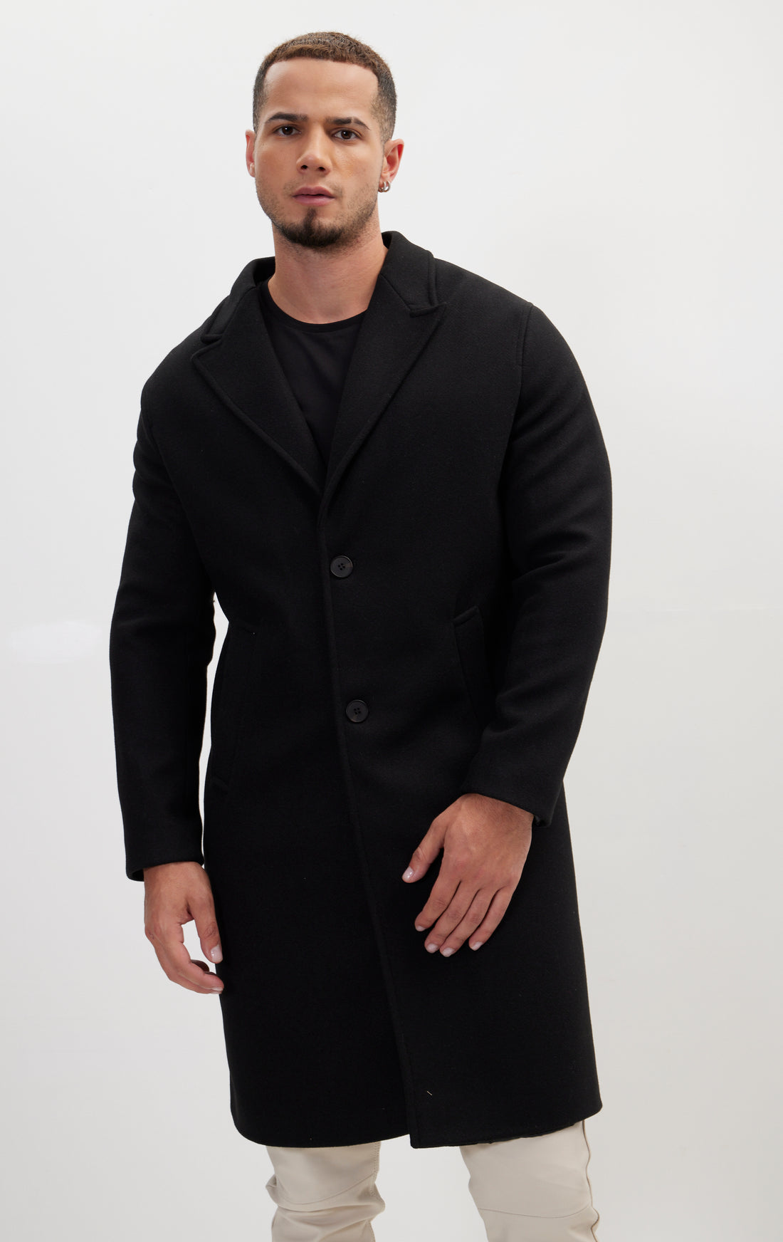Long Fitted Pea Coat With Notch Lapel - Black