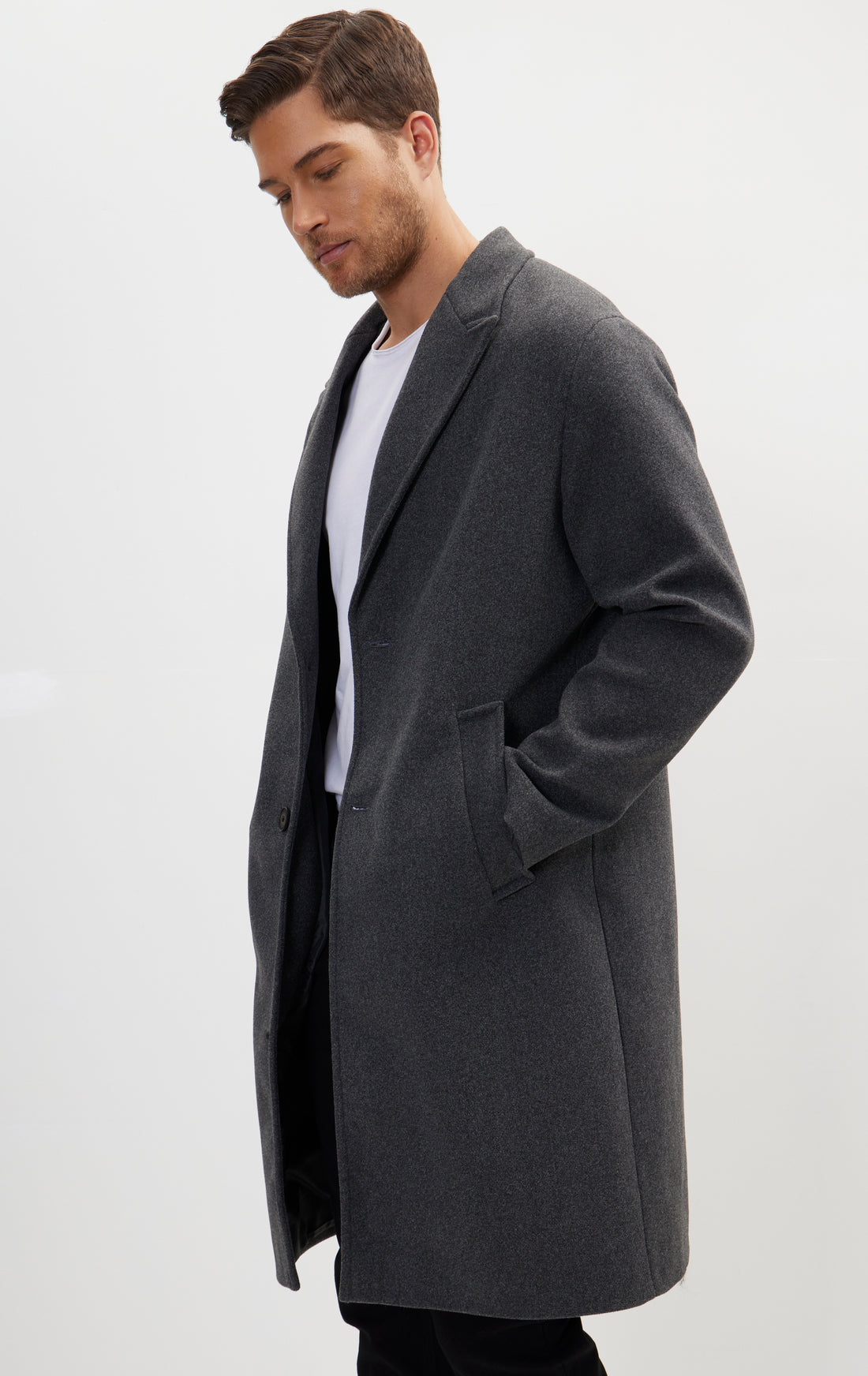 Long Fitted Pea Coat With Notch Lapel - Anthracite