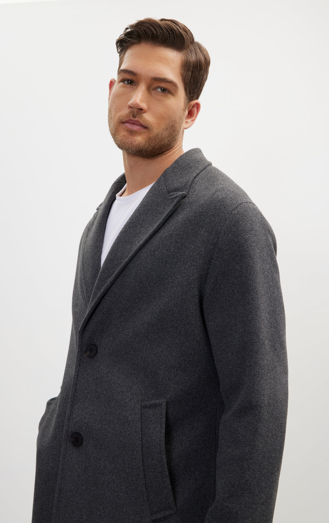 Long Fitted Pea Coat With Notch Lapel - Anthracite