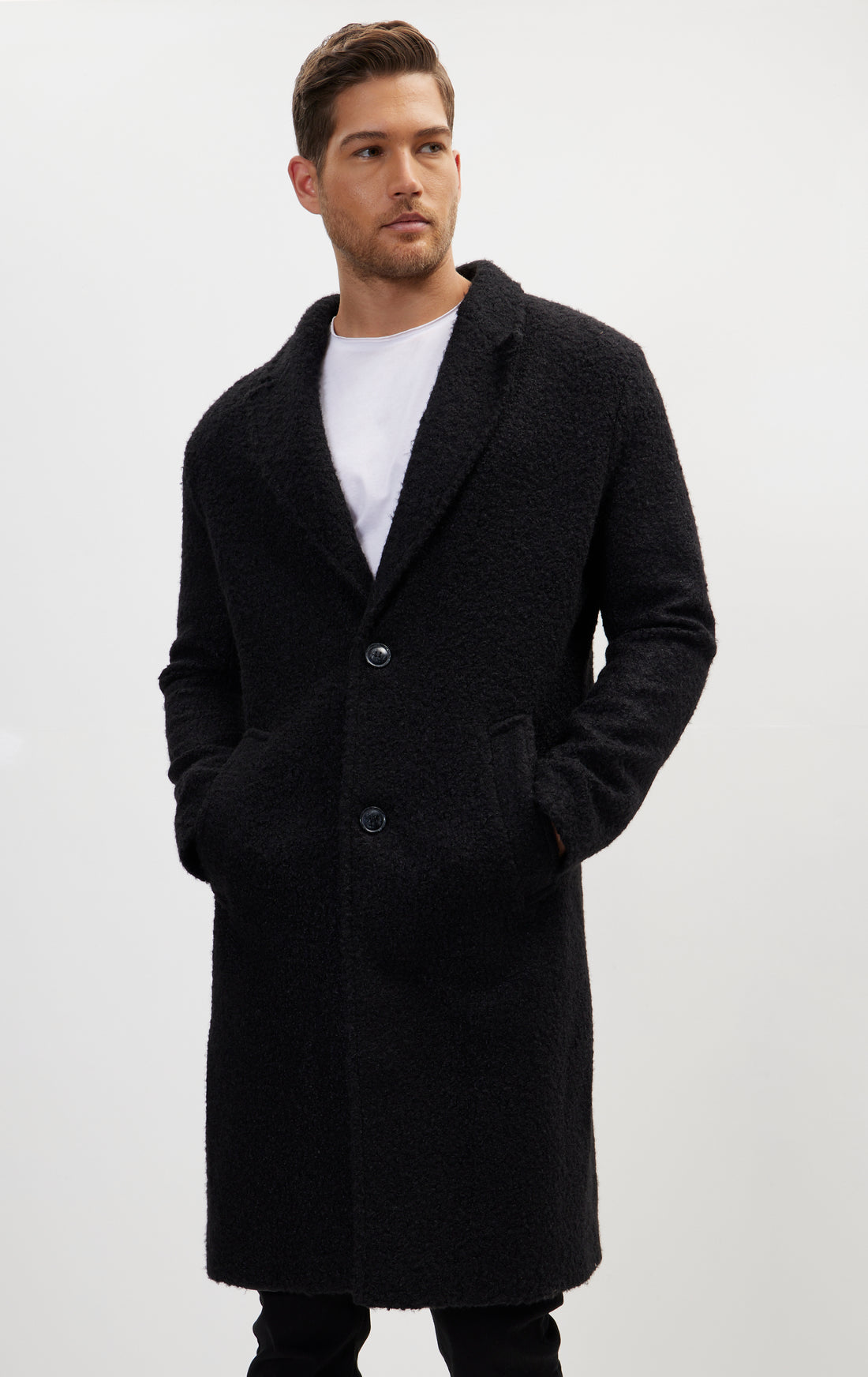 Long Fitted Boucle Pea Coat With Notch Lapel - Black
