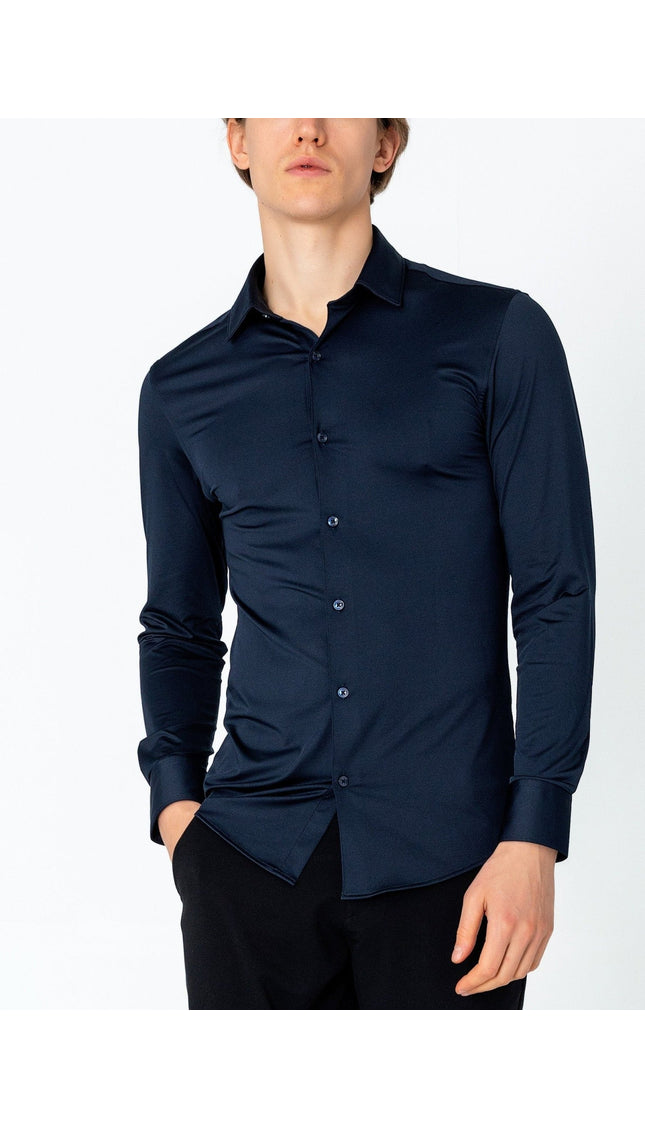 Wrinkle Free Tapered Travel Dress Shirt - Navy - Ron Tomson
