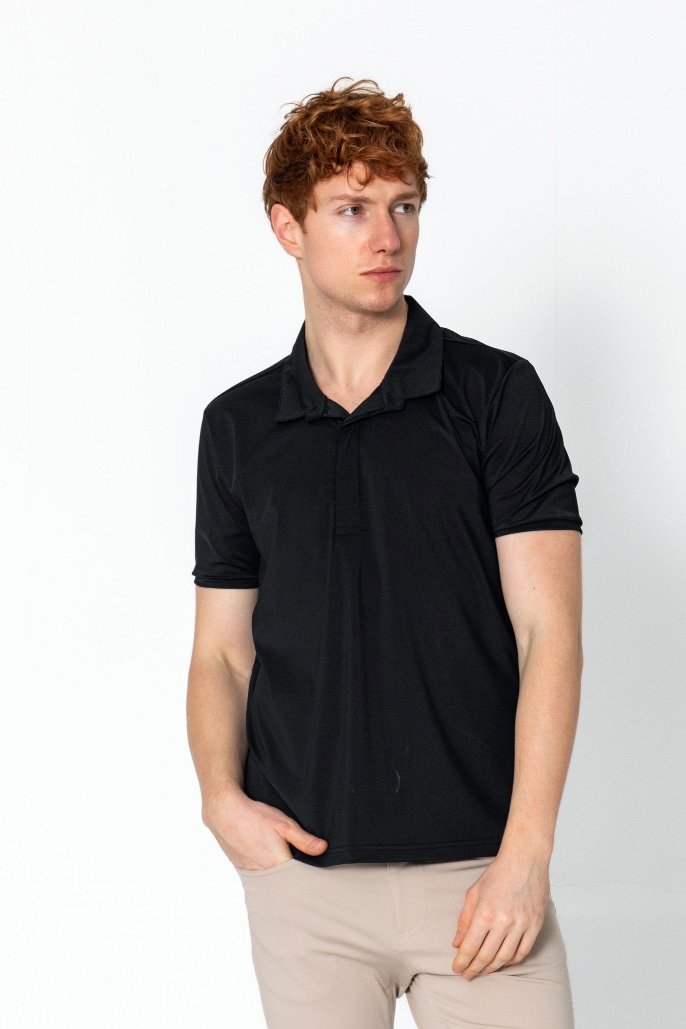 Wrinkle Free Tapered Travel Polo Shirts - Black - Ron Tomson