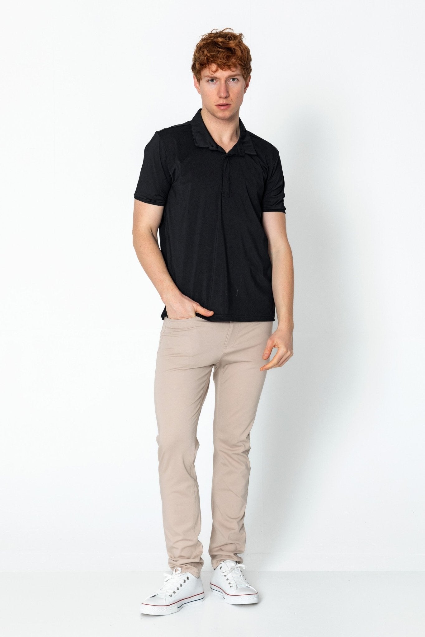 Wrinkle Free Tapered Travel Polo Shirts - Black - Ron Tomson