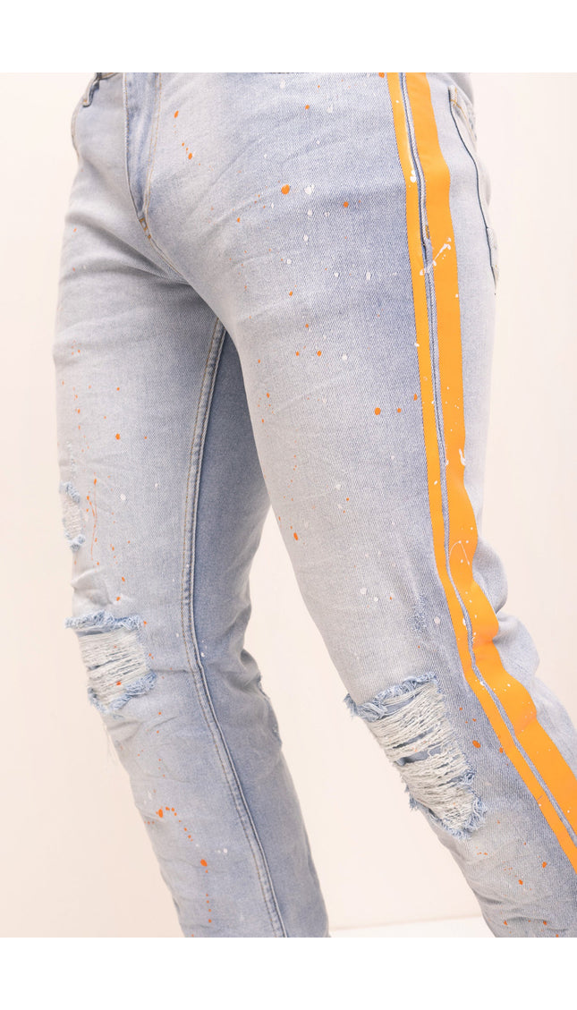 Yellow Splattered Stripe Cotton Jeans - Indigo - Ron Tomson