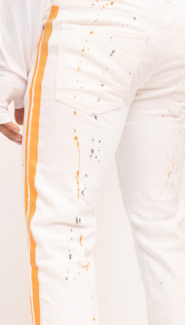 Yellow Splattered Stripe Cotton Jeans - White - Ron Tomson