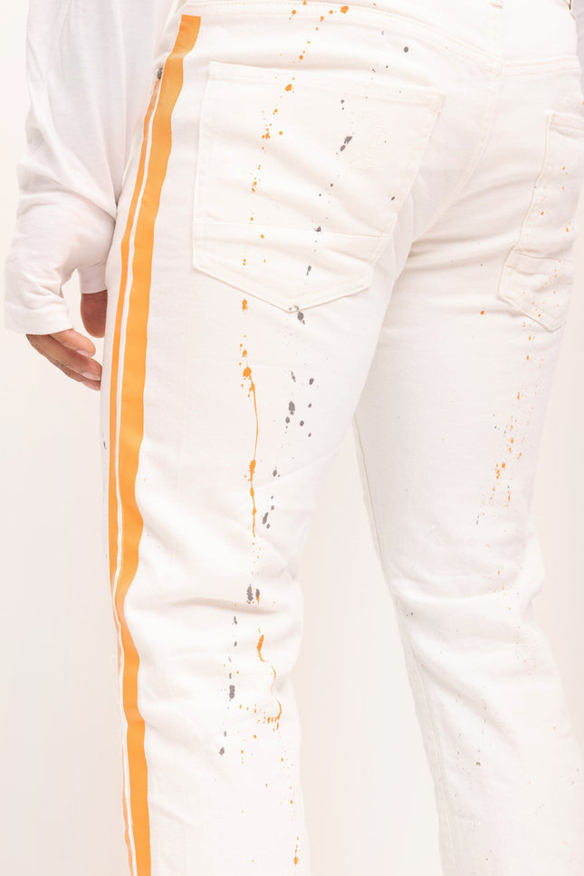 Yellow Splattered Stripe Cotton Jeans - White - Ron Tomson