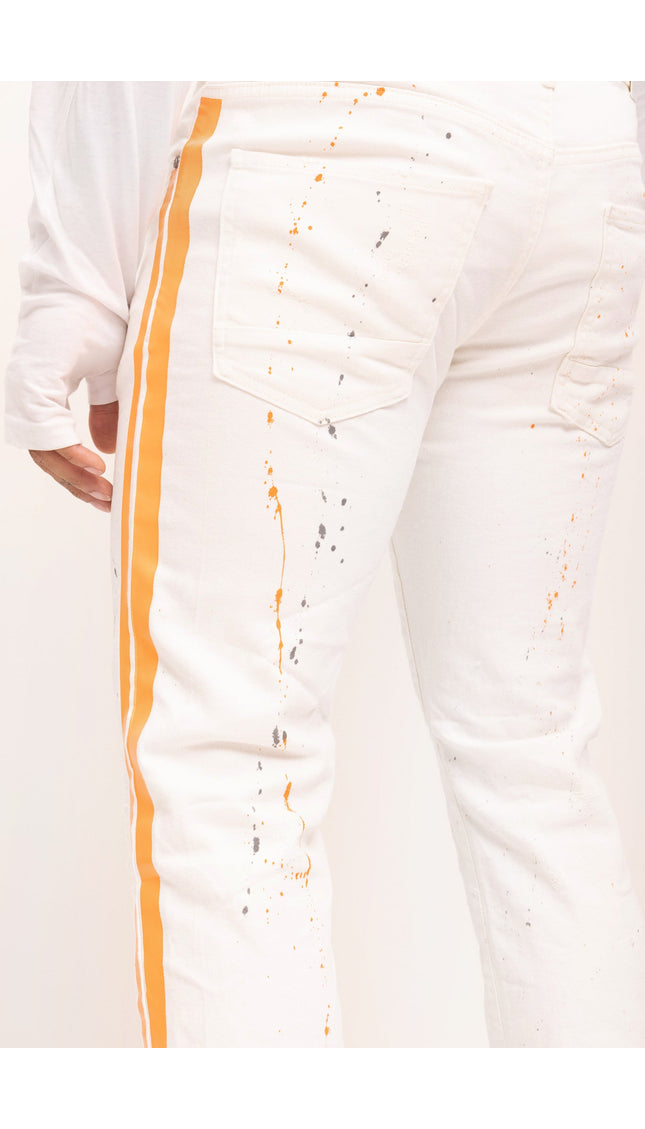 Yellow Splattered Stripe Cotton Jeans - White - Ron Tomson
