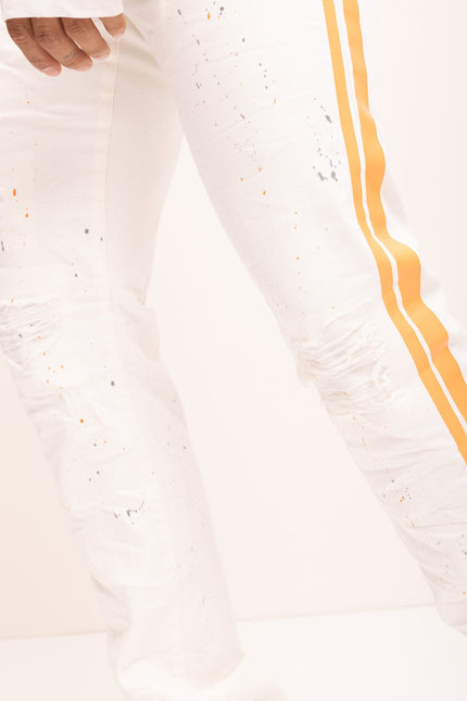 Yellow Splattered Stripe Cotton Jeans - White - Ron Tomson