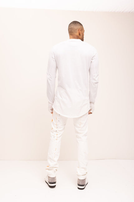 Yellow Splattered Stripe Cotton Jeans - White - Ron Tomson
