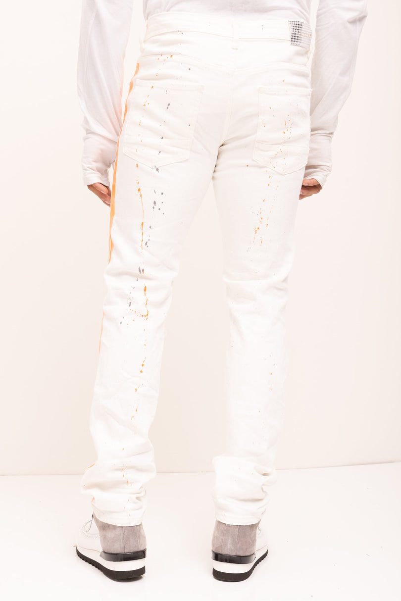 Yellow Splattered Stripe Cotton Jeans - White - Ron Tomson