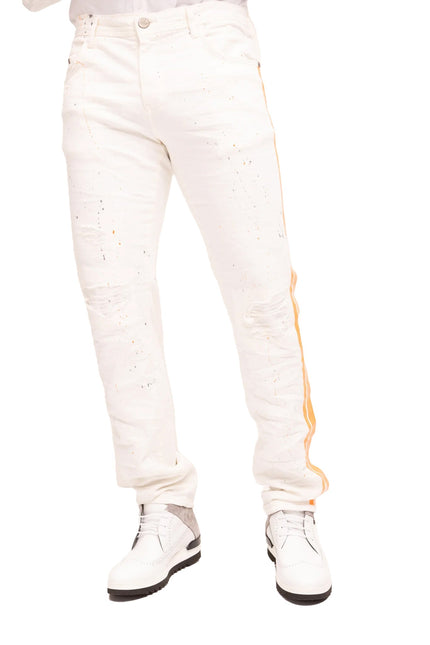 Yellow Splattered Stripe Cotton Jeans - White - Ron Tomson