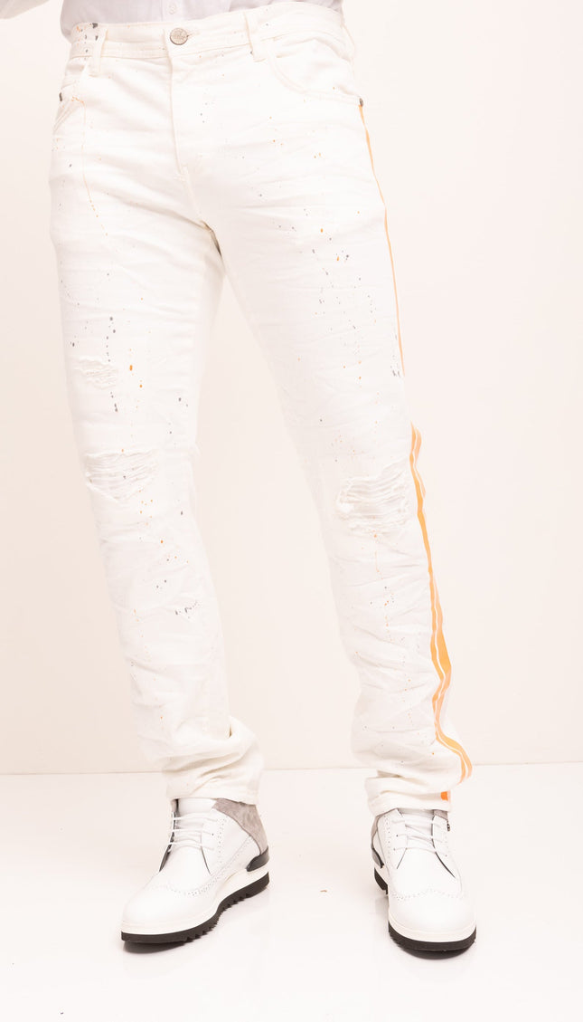 Yellow Splattered Stripe Cotton Jeans - White - Ron Tomson