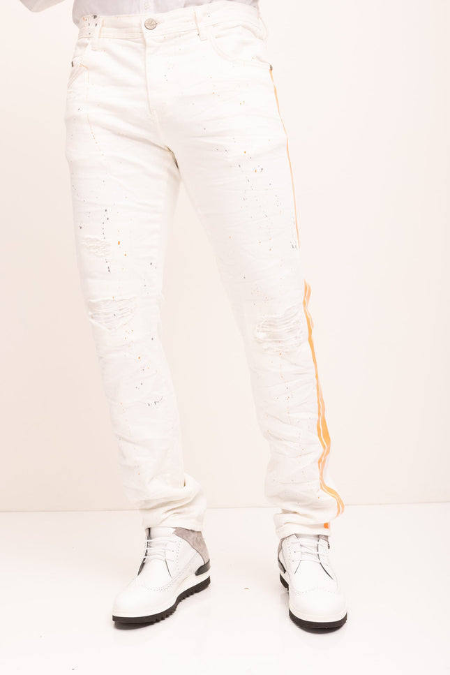 Yellow Splattered Stripe Cotton Jeans - White - Ron Tomson