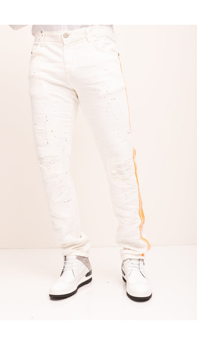 Yellow Splattered Stripe Cotton Jeans - White - Ron Tomson