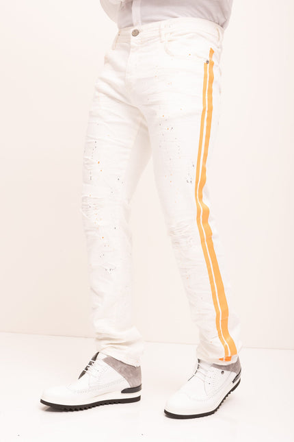 Yellow Splattered Stripe Cotton Jeans - White - Ron Tomson