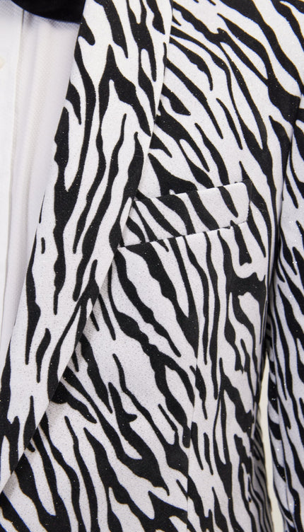 Zebra Velvet Flocking Glittered Tuxedo Jacket - White - Ron Tomson