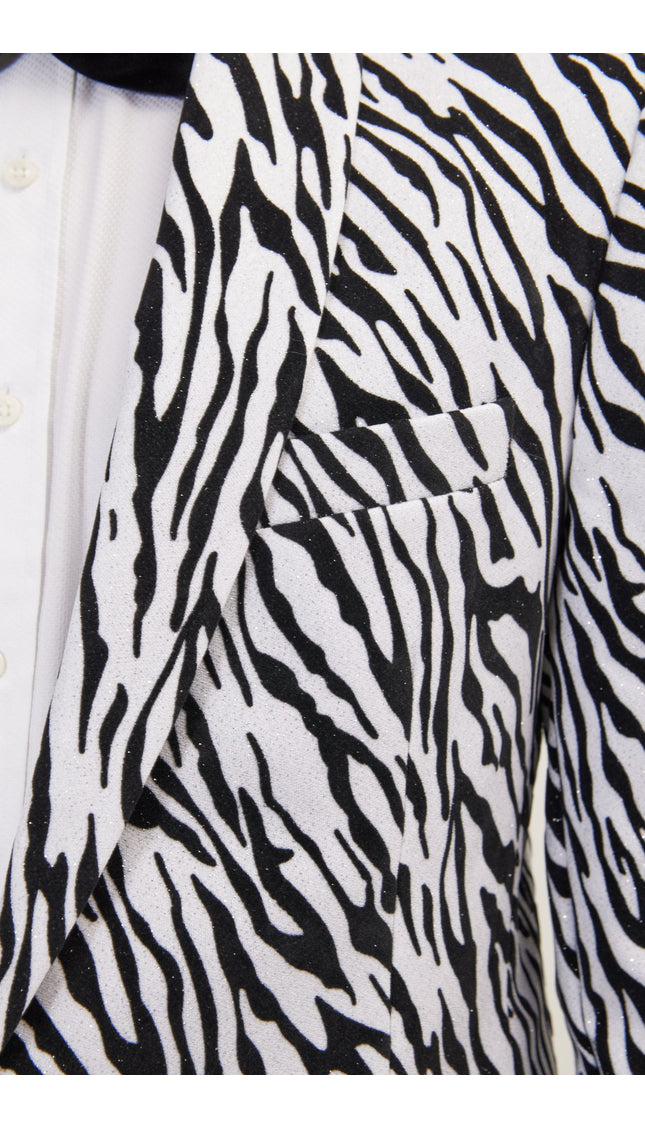 Zebra Velvet Flocking Glittered Tuxedo Jacket - White - Ron Tomson