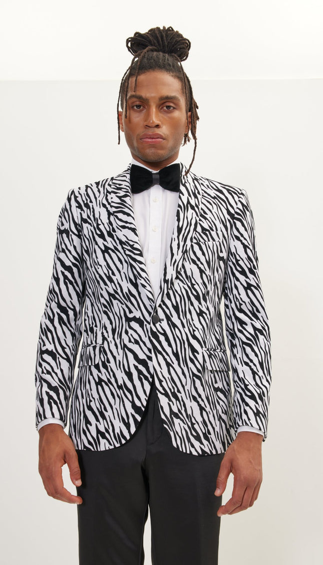 Zebra Velvet Flocking Glittered Tuxedo Jacket - White - Ron Tomson
