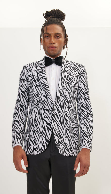 Zebra Velvet Flocking Glittered Tuxedo Jacket - White - Ron Tomson