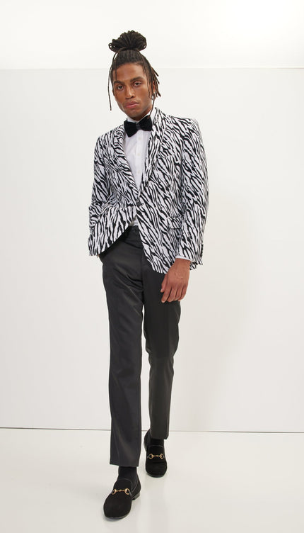 Zebra Velvet Flocking Glittered Tuxedo Jacket - White - Ron Tomson