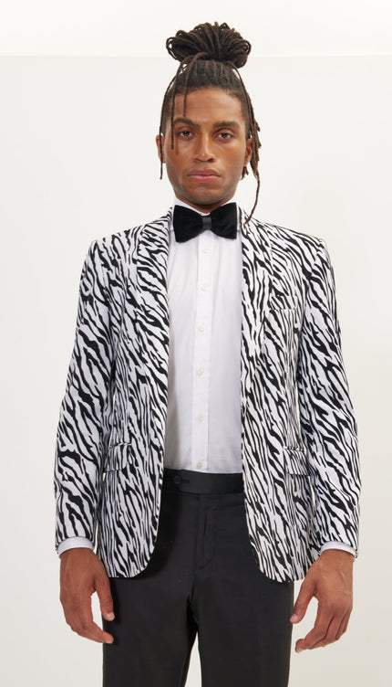 Zebra Velvet Flocking Glittered Tuxedo Jacket - White - Ron Tomson