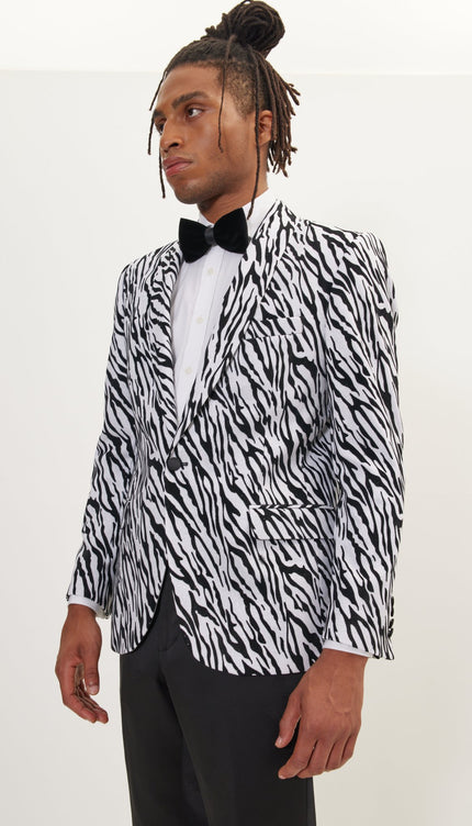 Zebra Velvet Flocking Glittered Tuxedo Jacket - White - Ron Tomson