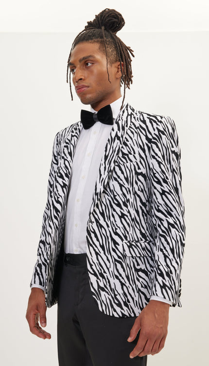 Zebra Velvet Flocking Glittered Tuxedo Jacket - White - Ron Tomson