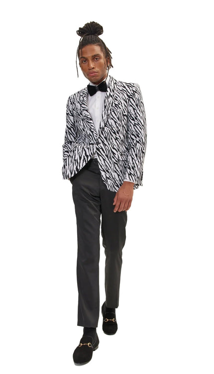 Zebra Velvet Flocking Glittered Tuxedo Jacket - White - Ron Tomson