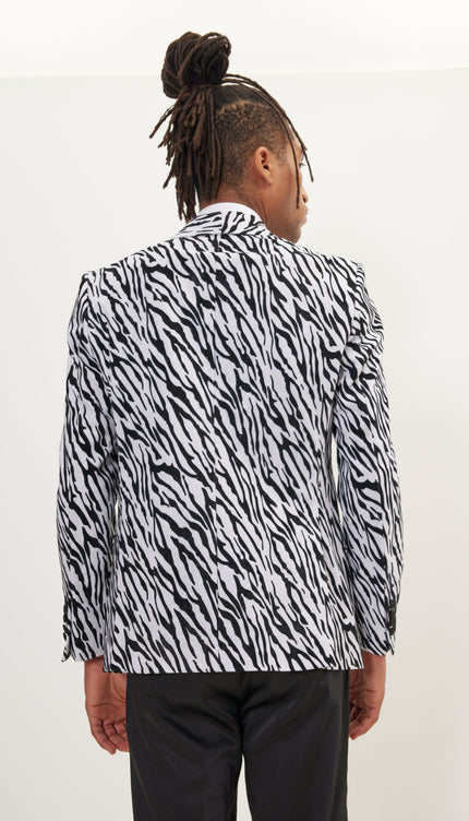 Zebra Velvet Flocking Glittered Tuxedo Jacket - White - Ron Tomson