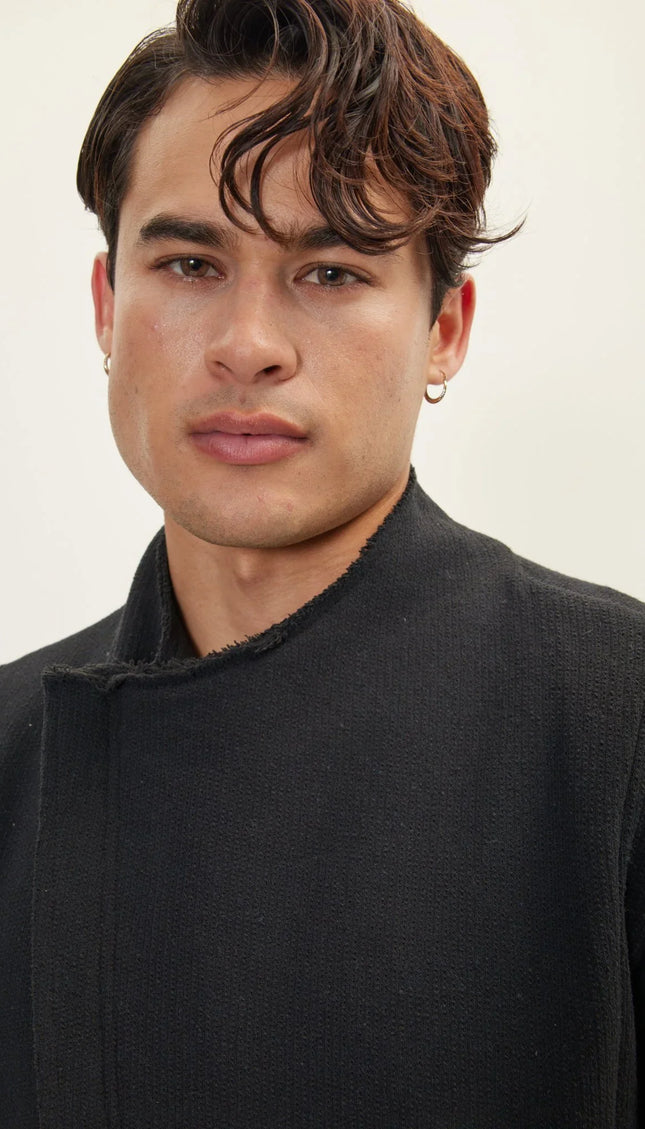 Zipper Closure Asymmetric Rebel Cardigan - Black Black - Ron Tomson