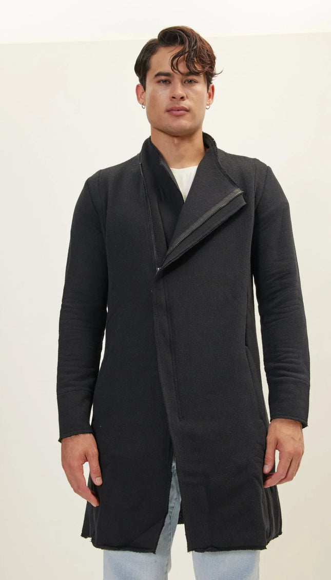 Zipper Closure Asymmetric Rebel Cardigan - Black Black - Ron Tomson